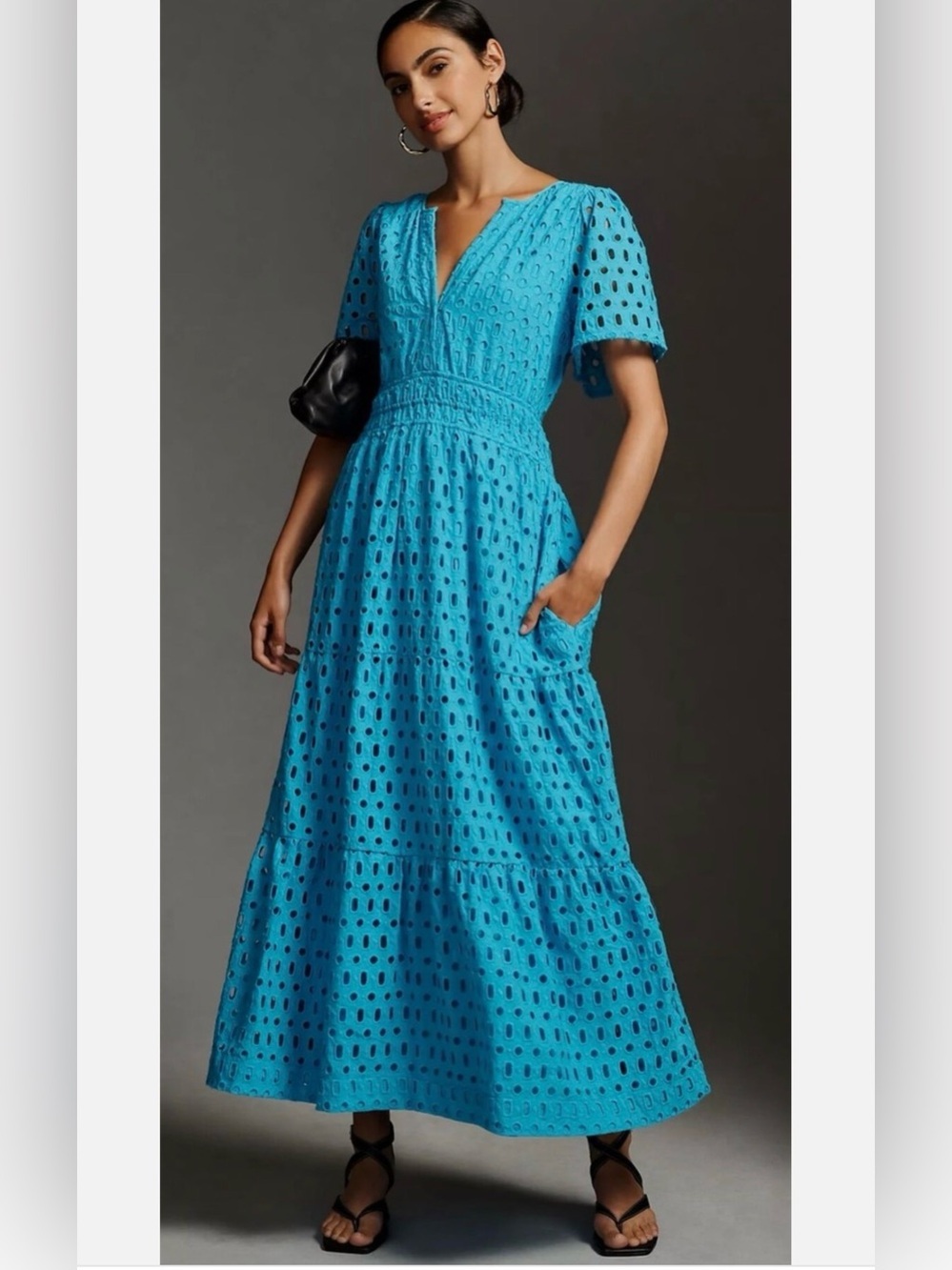 Anthropologie viral eyelet somerset summer cotton maxi dress blue M
